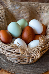Assortment of free range eggs in a basket