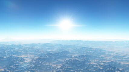 Exoplanet fantastic landscape. Beautiful views of the mountains and sky with unexplored planets. 3D illustration