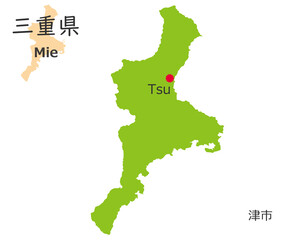 日本の三重県、手描き風のかわいい地図、県庁のある都市
