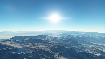Exoplanet fantastic landscape. Beautiful views of the mountains and sky with unexplored planets. 3D illustration