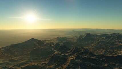 Exoplanet fantastic landscape. Beautiful views of the mountains and sky with unexplored planets. 3D illustration