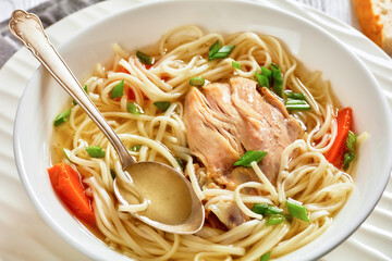 chicken noodle soup with carrots and scallion