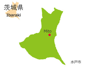 日本の茨城県、手描き風のかわいい地図、県庁のある都市