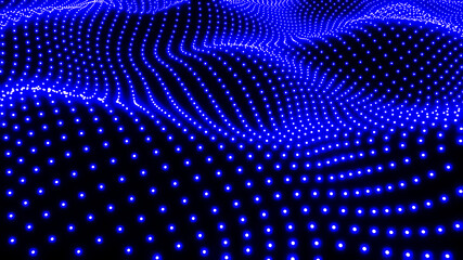 Background 3D with blue lights field, abstract  technology design, fantastic sea of neon glowing dots halftone pattern on black, 3D render illustration background.
