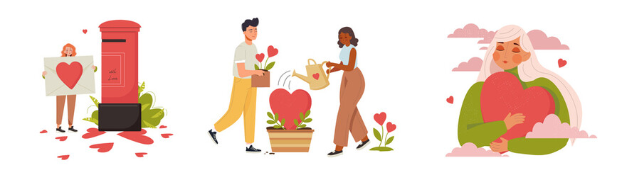 Couple in love vector illustration set. Big envelope with red heart and little people, love letter concept. Valentine's Day cute posters, greeting, flyer, invitation, brochure. Relationship and Love.