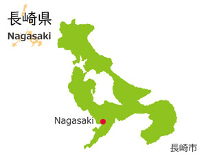 日本の長崎県、手描き風のかわいい地図、県庁のある都市