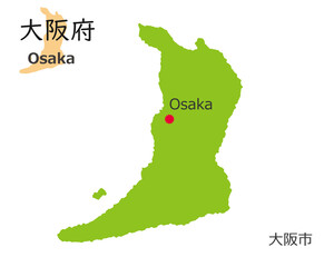 日本の大阪府、手描き風のかわいい地図、県庁のある都市