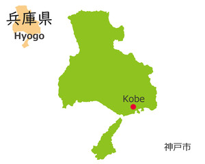 Fototapeta premium 日本の兵庫県、手描き風のかわいい地図、県庁のある都市