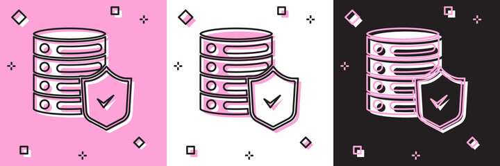 Set Server with shield icon isolated on pink and white, black background. Protection against attacks. Network firewall, router, switch, data. Vector