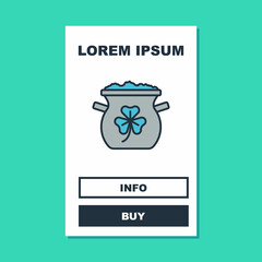 Filled outline Pot of gold coins icon isolated on turquoise background. Happy Saint Patricks day. National Irish holiday. Vector