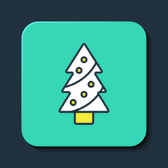 Filled outline Christmas tree with decorations icon isolated on blue background. Merry Christmas and Happy New Year. Turquoise square button. Vector