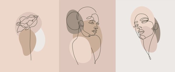 Set of Woman Face with Flowers Line Art Style. Female Floral Head Poster. Modern Wall Art, Aesthetic Design. Perfect for Home Decor, Wall Art Posters, or t-shirt Print, Mobile Case. Vector EPS 10