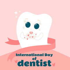 A cute and happy tooth blows a kiss in the mouth on a pink and healthy gum. Postcard International dentist day in cartoon flat children's style in gentle pink colors. Vertical festive banner.
