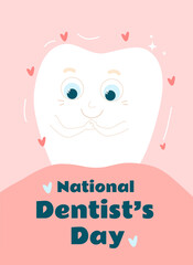 A cute and happy tooth smiles in the mouth on a pink and healthy gum. National dentist’s day greeting card in cartoon flat childrens style. Vertical festive banner for web design and print.