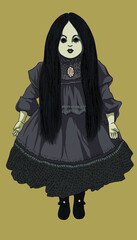 Drawing Scary doll, creppy, long hair, art.illustration, vector