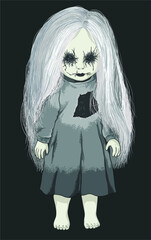 Drawing white hair scary doll, long hair, art.illustration, vector