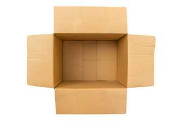 Open empty brown cardboard box isolated on white background top view