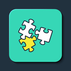 Filled outline Puzzle pieces toy icon isolated on blue background. Turquoise square button. Vector