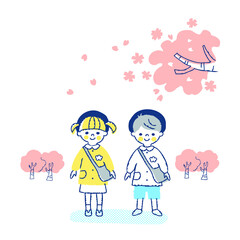 幼稚園児の男女と桜