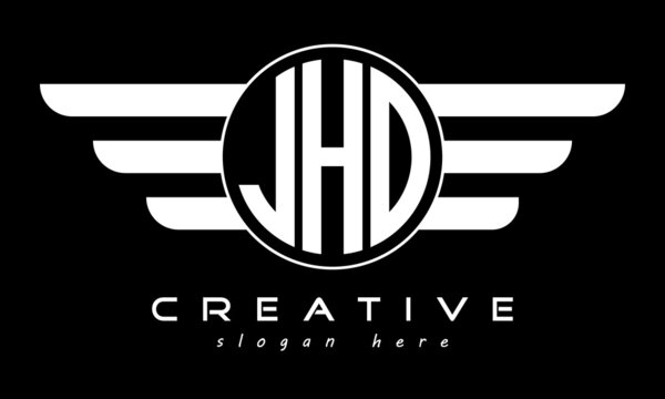 JHO three letter monogram type circle letter logo with wings vector template.