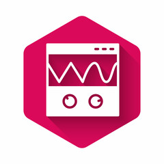 White Oscilloscope measurement signal wave icon isolated with long shadow. Pink hexagon button. Vector