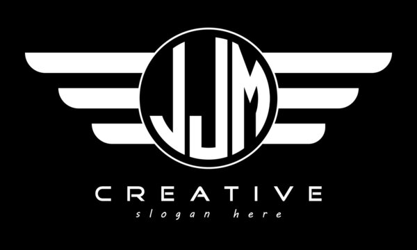 JJM three letter monogram type circle letter logo with wings vector template.