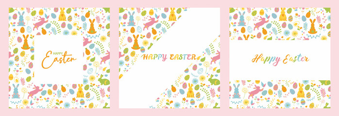 Set of Happy Easter greeting and invitation cards. Cute Easter Bunnys, flowers, eggs, inscription in the middle. Lettering. Good for poster, card, invitation, flyer, cover, banner, placard, brochure