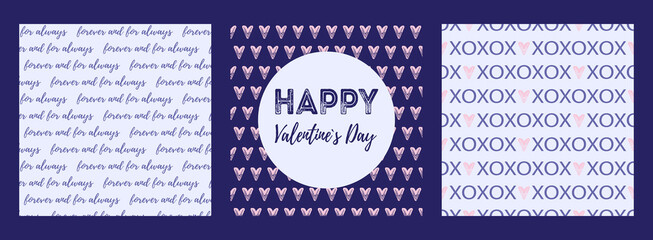 Set of patterns and greeting card for Valentine's day. Vector illustration with decorative text on modern colors background. For prints, posters, postcards, textiles, or wallpaper.