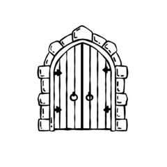 Old wooden door of castle. Ancient entrance to fortress or house. Cartoon scenery. Gate to dungeon. Door with arch and doorway. Hand drawn outline illustration