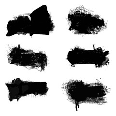 Collection of black paint, ink brush strokes, brushes, lines, grunge. Dry paint or palette knife strokes. Dirty artistic design elements for text, labels, logo. Vector illustration isolated on white.