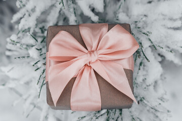 Perfect gift box with pink bow in snowy pine tree forest.