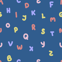 Hand drawn seamless pattern with english letters. Perfect for T-shirt, postcard, textile and print. Cartoon style vector illustration for decor and design. 
