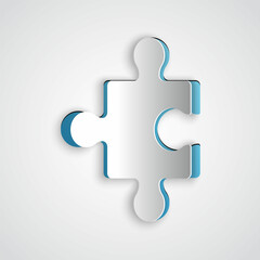 Paper cut Piece of puzzle icon isolated on grey background. Business, marketing, finance, layout, infographics, internet concept. Paper art style. Vector