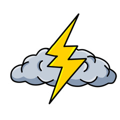 Overcast weather. Gray cloud with lightning. Cartoon thundercloud. Isolated vector illustration
