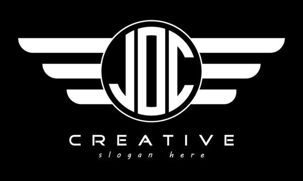 JOC three letter monogram type circle letter logo with wings vector template.