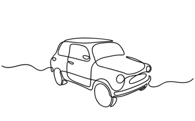 Continuous One Line drawing of Car. Abstract small Old fashion vehicle in minimalism style. Continuous hand drawn sketch. Vector