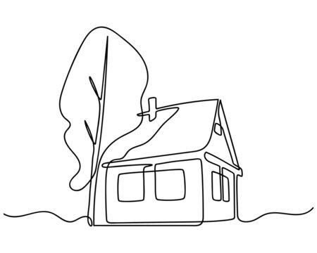 Continuous One Line drawing of House with Tree. Abstract small country wooden house in minimalism style. Continuous hand drawn sketch. Vector