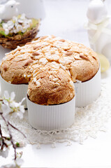 Colomba - italian festive easter dove cake on white rustic background. Selective focus.