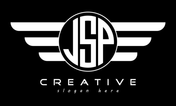 JSP three letter monogram type circle letter logo with wings vector template.
