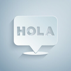 Paper cut Hola icon isolated on grey background. Paper art style. Vector © vector_v