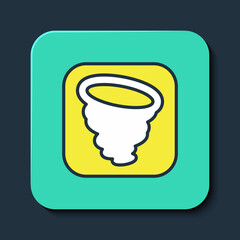 Filled outline Tornado icon isolated on blue background. Cyclone, whirlwind, storm funnel, hurricane wind or twister weather icon. Turquoise square button. Vector