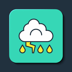 Filled outline Storm icon isolated on blue background. Cloud and lightning sign. Weather icon of storm. Turquoise square button. Vector