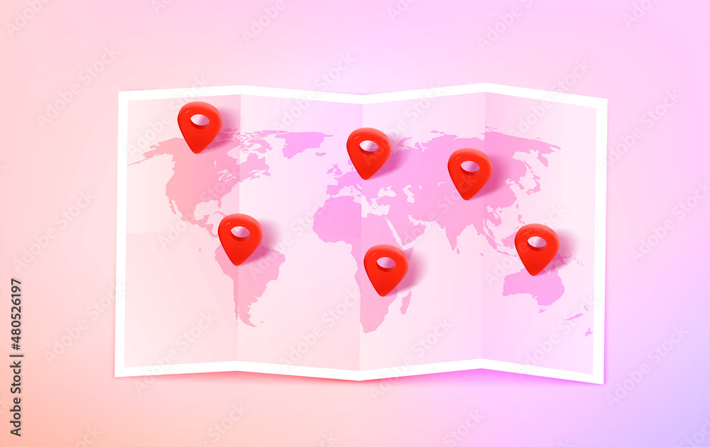 Poster Paper map with continents and pins on it