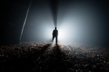 scary person silhouette in the dark forest. flashlight back lit. - obrazy, fototapety, plakaty