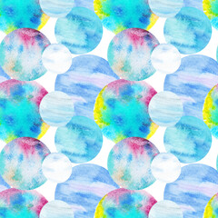 Abstract seamless watercolor pattern, various geometric elements are made by hand in blue colors on a white background. 