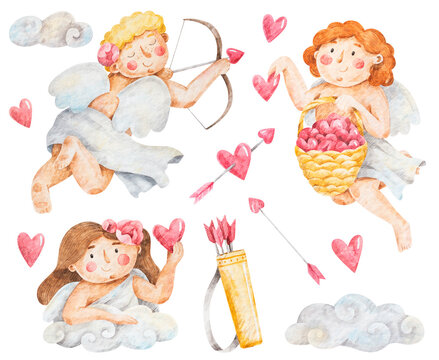 Watercolor illustrations of three cupids with pink hearts. Hand drawn St Valentines day set