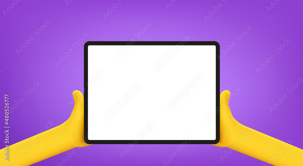 Poster person with gadget with blank screen. vector banner with copy space