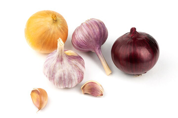 Mix of fresh garlic and onions on white background.Top View