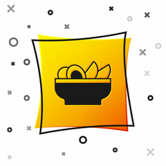 Black Nachos in plate icon isolated on white background. Tortilla chips or nachos tortillas. Traditional mexican fast food menu. Yellow square button. Vector