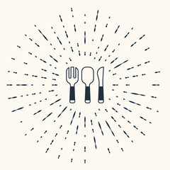Grey Fork, spoon and knife icon isolated on beige background. Cooking utensil. Cutlery sign. Abstract circle random dots. Vector